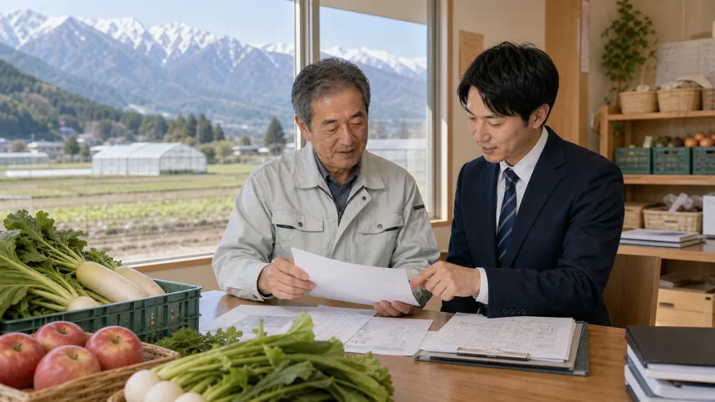安曇野周辺の農業法人で農産物と生産資料を確認しながら事業承継を相談する経営者と担当者