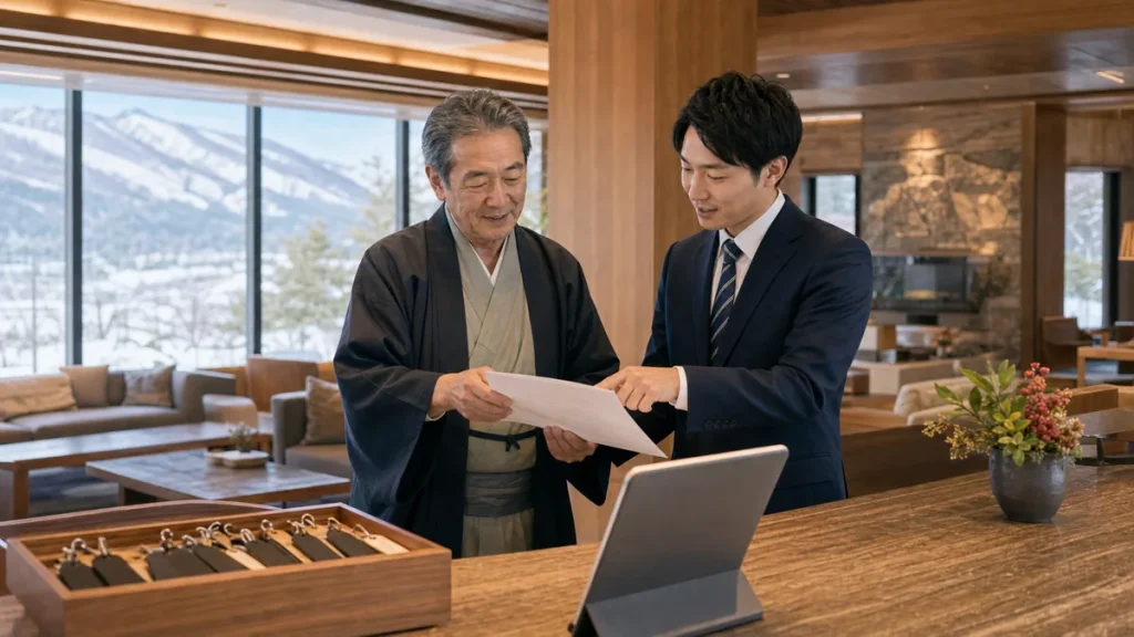 長野県の山岳リゾート宿泊施設で事業承継資料を確認する旅館経営者と担当者