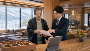 長野県の山岳リゾート宿泊施設で事業承継資料を確認する旅館経営者と担当者