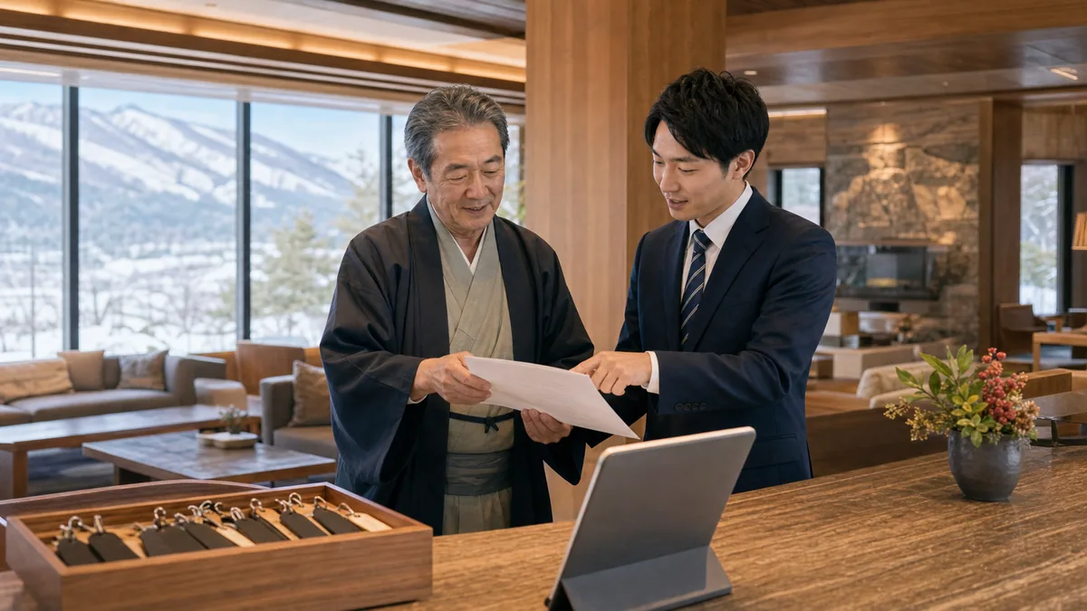 長野県の山岳リゾート宿泊施設で事業承継資料を確認する旅館経営者と担当者