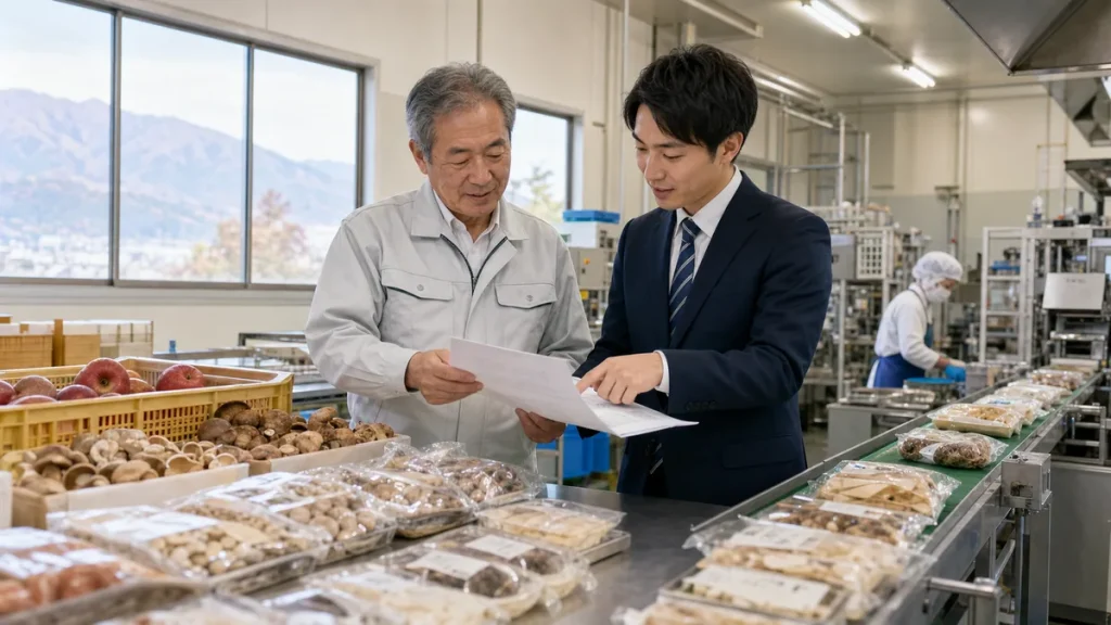 北信地域の食品加工会社で商品と生産資料を確認しながら事業承継を相談する経営者と担当者