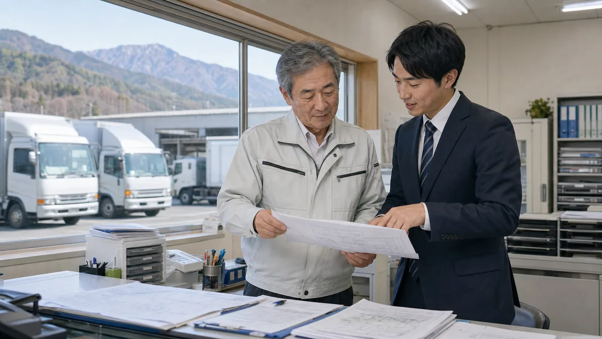 伊那谷の運送会社で配送資料と車両管理表を確認しながら事業承継を相談する経営者と担当者