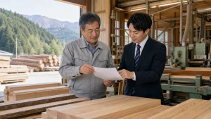 木曽地域の木材加工場で木材と生産資料を確認しながら事業承継を相談する経営者と担当者
