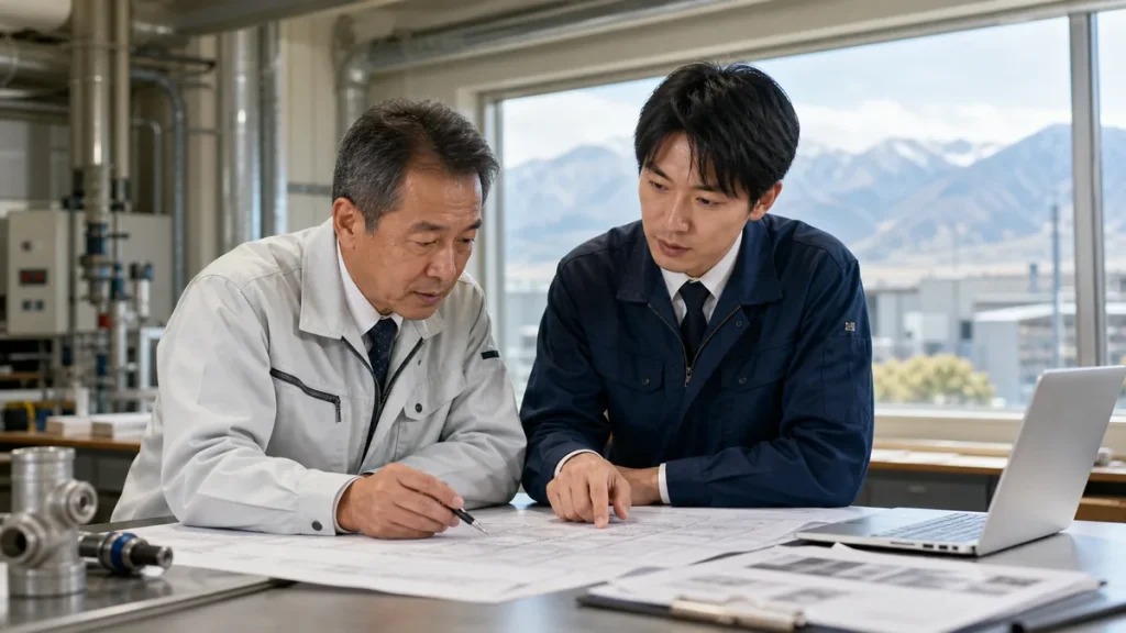 中信・松本エリアの建設設備工事会社で図面を確認しながら事業承継を相談する経営者と担当者