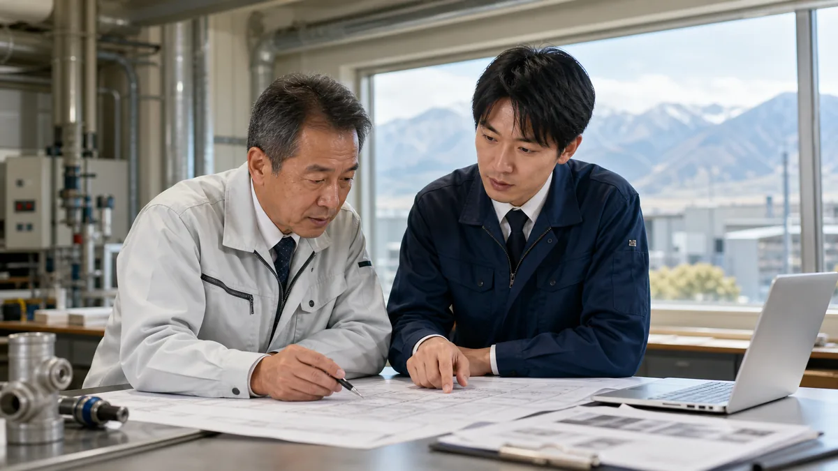 中信・松本エリアの建設設備工事会社で図面を確認しながら事業承継を相談する経営者と担当者
