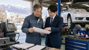 長野市周辺の自動車整備工場で車検資料と設備記録を確認しながら事業承継を相談する経営者と担当者