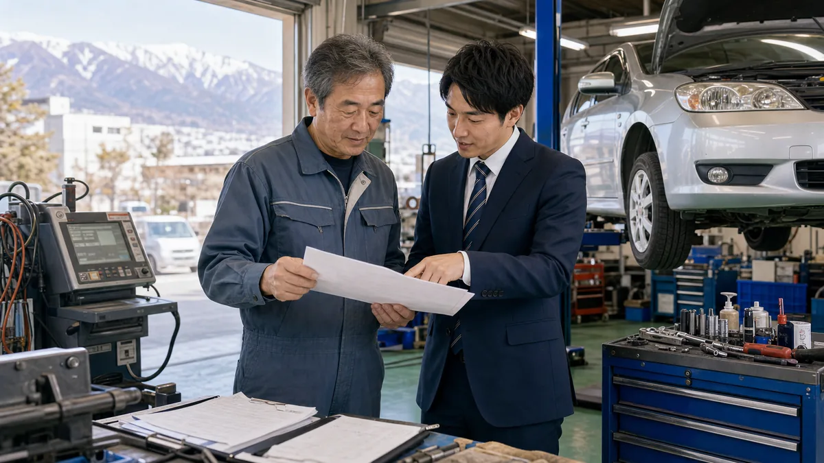 長野市周辺の自動車整備工場で車検資料と設備記録を確認しながら事業承継を相談する経営者と担当者