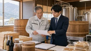 長野県内の醸造会社で発酵設備と生産資料を確認しながら事業承継を相談する経営者と担当者