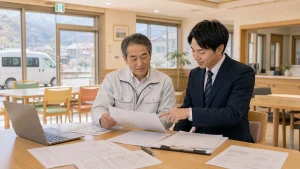 佐久・小諸周辺の介護事業所で運営資料と人員表を確認しながら事業承継を相談する経営者と担当者