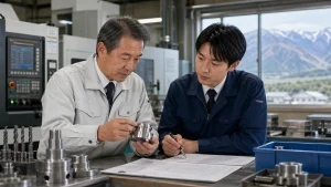 東信・上田佐久エリアの精密加工会社で金属部品と図面を確認しながら事業承継を相談する経営者と担当者